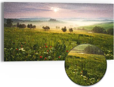 Produktbild von DEQORI Hybrid Leinwand Bild 60x30 cm 'Idyllisches Morgenlicht' Wandbild Glas flach modern