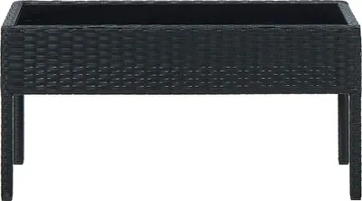 A black rattan planter box on legs, shown from the front against a white background.