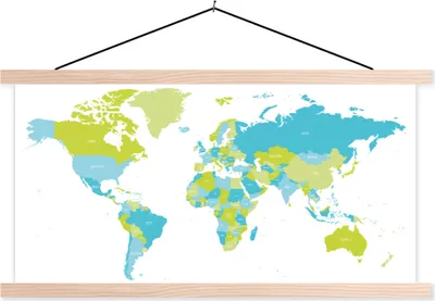 Produktbild von MuchoWow® Textilposter Weltkarte - Grün - Blau 120x60 cm mit holzfarbenen Rahmen - Klemmleiste