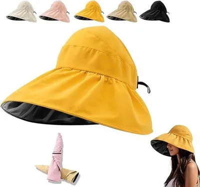 Image de Chapeau de plage pour femme - Chapeau de plage avec protection UV - bleuâtre - large bord - ajustable - jaune - tour de tête 56-63 cm
