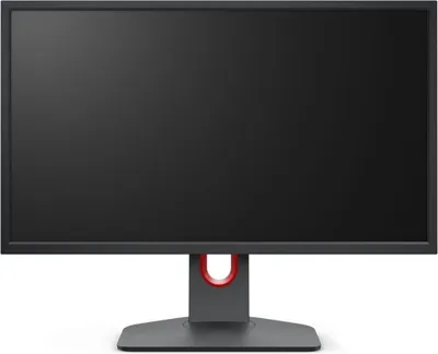 A black computer monitor with a gray and red stand, shown from the front on a white background.