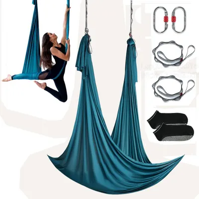 Produktbild von Aerial Yoga Hängematte Set - 5 x 2,8 m, Grün - Yoga Swing für schwebende Übungen - Hammock Swing 1000 kg Max. Gewicht - Yoga-Socken & Stahlkarabiner Enthalten - Anti-Gravity-Training
