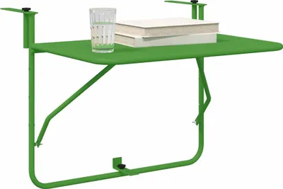 A green metal balcony table with a glass of water and two books on it, shown against a white background.