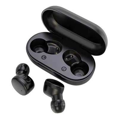 A pair of black wireless earbuds and their charging case are displayed against a white background.
