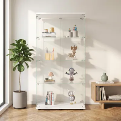 Produktbild von INONEFT Glasvitrine mit Doppeltüren, Standvitrine mit 4 Ablagen und LED, Vitrinenschrank für Sammlerstücke, Weiß, 80.5x36x164CM