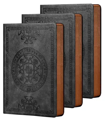 Image de Cahier A5, format ligné, couverture en cuir souple, 288 pages, style vintage, couleur noire, dimensions 14,5 x 21 cm