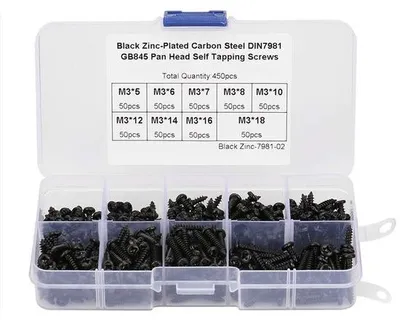 Productafbeelding van Set van 450 schroeven met inbussleutel – Koolstofstaal – Zwart – M3 – Kruiskop – Assortiment kunststof, hout en zachtmetaal