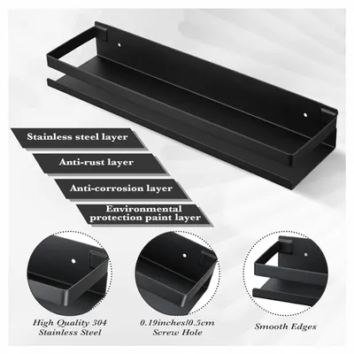 Produktbild von Schwarzes Duschregal aus Edelstahl mit 4 Haken, 2-teiliges Badezimmerregal, kein Bohren erforderlich, 30 cm, Aufbewahrung und Organisation im Badezimmer, Duschgelhalter