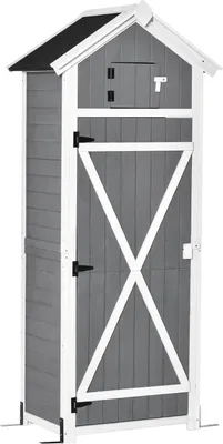 Image de Armoire de jardin avec porte et toit, abri pour outils en bois, gris, 78x52,5x182cm, idéal pour le stockage de jardin & table pliable