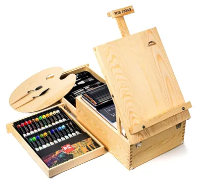 Produktbild von Einstellbare Tischstaffelei aus Holz mit 55-teiligem Deluxe Malset, inklusive 24 Acrylfarben, 10 Acrylpinseln, Leinwand und weiterem Malzubehör für Künstler, Hobbyisten und Anfänger