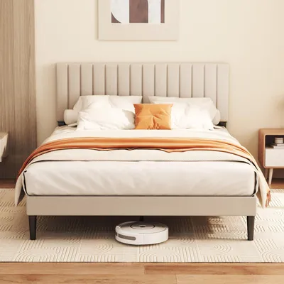 Produktbild von Bettgestell 140 x 190 cm, 363 kg, 22 cm Staufach, Doppelbett, gepolstert mit Holz und Metall, Plattformbettgestell, stabil, verstellbares Kopfteil