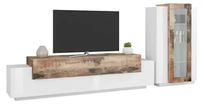 Produktbild von Wohnzimmermöbel Djazir, TV-Ständer Wohnzimmergarnitur, Mehrzweck-Wohnzimmermöbel, 100%  Italy, cm 280x45h121, glänzend weiß und Ahorn
