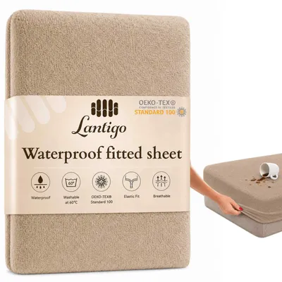 Produktbild von Lantigo Spannbettlaken wasserdicht Frottee 160x200 cm Dunkelbeige, Nässeschutz