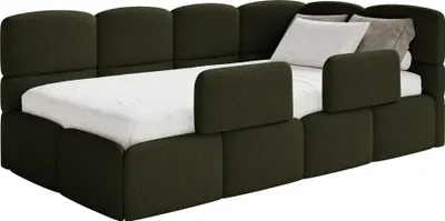 Produktbild von Selsey Cloudy – Kinderbett 120x200, Kopfteil rechts, Matratze & Bettkasten, Bouclé Olivgrün