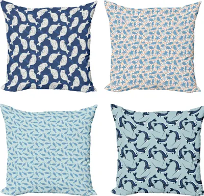 Produktbild von ABAKUHAUS Nautisch Dekokissen Kissenbezug 4er Pack, Meerestiere Kunst-Muster, Modern Accent Doppelseitiger Digitaldruck, 50 x 50 cm, Blau Orange und Elfenbein
