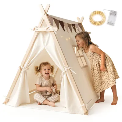 Imagen del producto de Tienda tipi para niños Mamabrum, con guirnalda de luces LED y alfombra de suelo, dimensiones 110 x 90 x 120 cm, color beige, estructura de madera de pino, ideal para interiores y exteriores