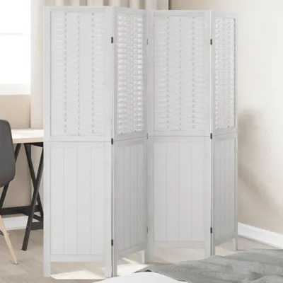 A white folding room divider is shown in a room.