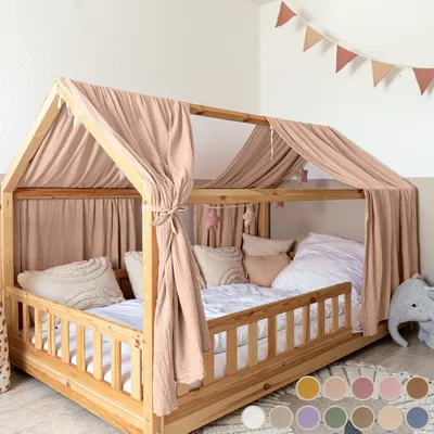 Produktbild von Hausbetthimmel Baumwoll Musselin Betthimmel Kinder Hausbett 2er Set