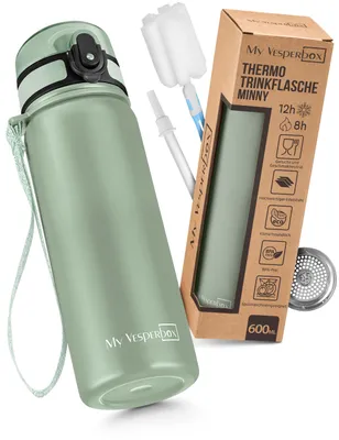 Produktbild von My Vesperbox - Edelstahl Thermos Trinkflasche auslaufsicher - mit Strohhalm oder Sieb - 400 ml, 600ml - BPA FREI - für Kindergarten, Schule ( Grün 600ml)