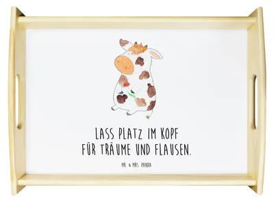 Produktbild von Mr. & Mrs. Panda Tablett Kuh - Weiß - Geschenk, Holztablett, Servier, Bauernhof, Serviertablett, Deko, Milch, Kühe, Spruch, Hof, betttablett