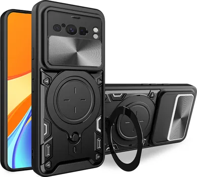 Immagine prodotto di Custodia per Google Pixel 8 Pro custodia resistente a doppio strato con copertura della fotocamera e supporto ad anello nero