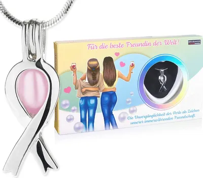 Produktbild von BRUBAKER Wunschperle für die beste Freundin der Welt - Halskette mit Silber Anhänger + Muschel mit echter Perle - Schmuck Geschenkset als Zeichen der Freundschaft