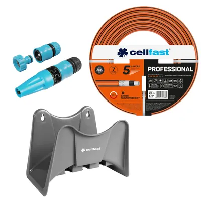 Immagine prodotto di Tubo da giardino Cellfast, PROFESSIONALE, 1/2", 20 m + Supporto per tubo Cellfast, grigio + Set di irrigatori Cellfast Basic, 1/2"