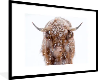 Produktbild von MuchoWow® Gerahmtes Poster Schottischer Highlander - Hörner - Schnee 90x60 cm - Poster mit Schwarzem Bilderrahmen Wandposter Rahmen Foto Bilder - Wanddekoration - Fotos