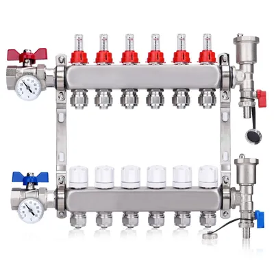 Produktbild von 6 Heizkreise | Heizkreisverteiler mit Eurokonus 3/4 (20 x 2 mm) mit Thermometer, 1" Kugelhähne Manueller Entlüfter Flussmesser Fußbodenheizung HKV