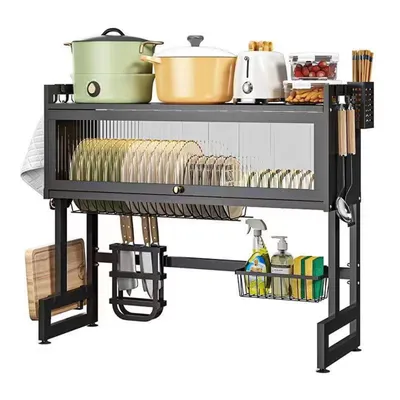 Produktbild von Geschirrkörbe, Abtropfgestell, staubdichte Tür, multifunktionales Geschirrregal, Besteckständer aus Kohlenstoffstahl, 85 ∗ 29,5 ∗ 79 cm