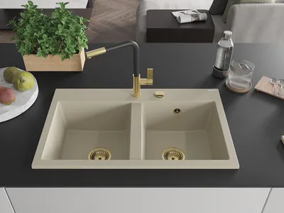 Image de Mexen Hektor évier en granit 2 bacs 800 x 480 mm, beige, siphon doré - 6521802000-69-G