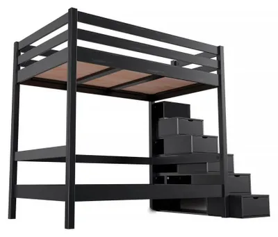 Image de Lit superposé double 120x200 escalier de rangement Sylvia, Noir