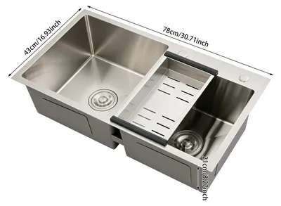 Imagen del producto de Lavabo doble, acero inoxidable de alta calidad, desagüe eficiente, color plateado