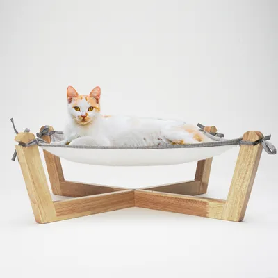 Produktbild von Homeguru Katzenbett Mit Holzgestell, Hängematte Für Katzen, Hundebett, Abnehmbar, Waschbar, Holz Natur, Doppelseitiges Material, Kunstvlies & Stoff, Für Alle Jahreszeiten Geeignet, Ideal Für Katzen, K