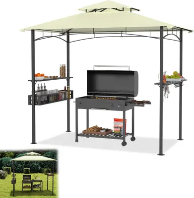 Image de LARS360 Pavillon de barbecue avec double toit beige - Tente BBQ résistante aux intempéries 244x153x250 cm, avec panier métallique, crochets & tables latérales pour le jardin