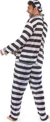 A man wearing a prisoner costume is posing for a photo.