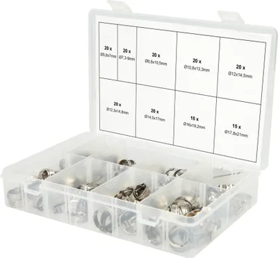 Immagine prodotto di KS TOOLS Werkzeuge-Maschinen GmbH Assortimento di fascette stringitubo a 1 orecchio, Ø 5,8-21 mm, 170 pz (970.0830)