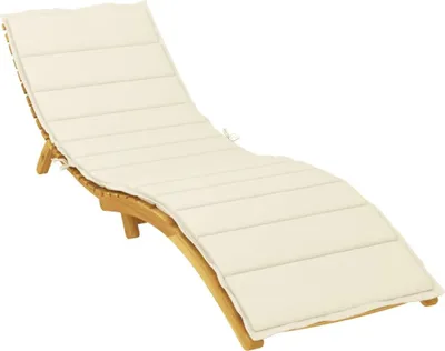 A wooden chaise lounge with a beige cushion, isolated on a white background.