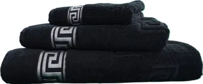 Produktbild von 3tlg. Luxus Medusa Saunatuch Badetuch Handtuch Set - Schwarz / Silber - Frottee - Silberne Bordüre
