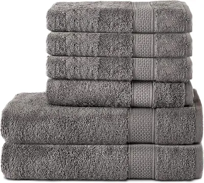 Produktbild von Komfortec 6er Handtuch Set, 4er Handtücher 50x100 cm und 2er Badetücher 70x140 cm, Frottee Badehandtuch & Duschtuch XXL, 100% Baumwolle - Weiche, Schnelltrocknend, Anthrazit Grau