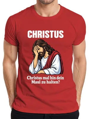 Immagine prodotto di Maglietta con scritta "Christus Mal Hin Maul Halten Jesus Facepalm Lustig Sarkasmus Gott Herren", colore rosso, taglia L