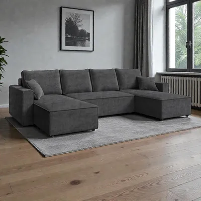 Produktbild von FurMeb24 ECKSOFA mit Schlaffunktion und bettkasten ALCOS U 305 cm × 140 cm × 85 cm Stoff POSO 34