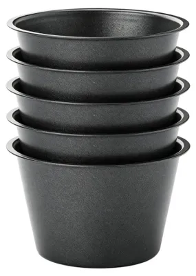 Obrázek produktu pro 6 kusů, kulaté formy na pečení o průměru 9 cm, vyrobené z nepřilnavé oceli s uhlíkovým povrchem, vhodné na muffiny, pudinky a koláče, celistvá konstrukce, opakovaně použitelné