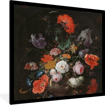 Produktbild von MuchoWow® Gerahmtes Poster Stilleben mit Blumen und einer Uhr - Gemälde von Abraham Mignon 40x40 cm - Poster mit Schwarzem Bilderrahmen Wandposter Rahmen Foto Bilder - Mit Rahmen - Wanddekoration Schlafzimmer