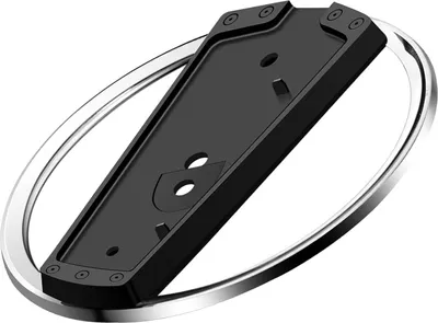 A black vertical stand for a PlayStation 5 console, with a silver ring around it, on a white background.