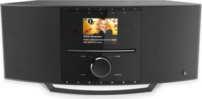 A black Hama DAB radio with a color display and a prominent control dial is shown against a white background.