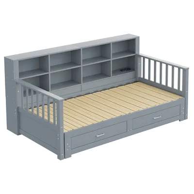 Produktbild von Abrihome Schlafsofa Doppelbett Ausziehbares mit Schlaffunktion 90/180x190 cm, 2 Schubalden, Bücherregal und Ladesteckdose, Grau