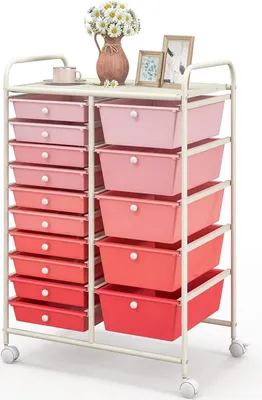 Immagine prodotto di Carrello KOMFOTTEU impilabile con 10/15 cassetti, carrello da bagno con telaio in metallo, carrello multiuso, carrello domestico, carrello ausiliario per bagno e cucina (rosa, 15 cassetti)
