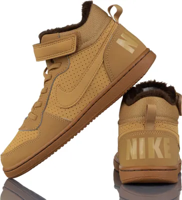 A pair of tan Nike Court Borough Mid Wtr Psv shoes are shown against a white background.
