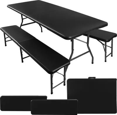 A black folding table and two benches are displayed against a white background. Below the table and benches, two folded benches and one folded table are shown.